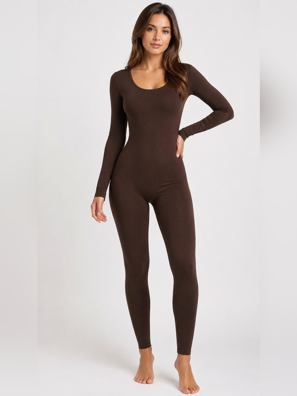 Ensnovo Women’s Full Bodysuit Unitard Catsuit Brown Long Sleeve Stretch XXL NWT.